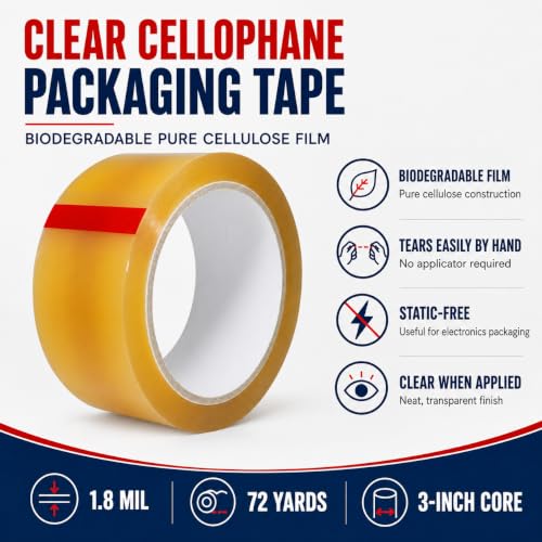 GGR Supplies Clear Cellophane Packaging Tape, 2 Inch x 72 Yds, Pack of 10
