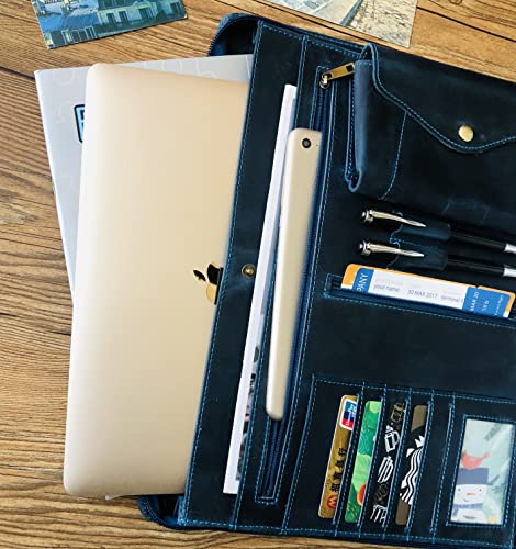 Gvalant Personalized Leather Portfolio, Letter Size Organizer Folders, Zippered Leather Portfolio, Leather Padfolio, A4 Notebook Holder, Portfolio Carrying Case for 14-inch Laptop, Blue