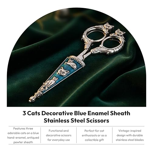 1928 Jewelry 3 Cats Decorative Blue Enamel Antiqued Sheath Cat Handle Stainless Steel Scissors