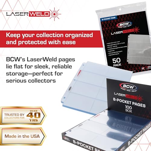 LaserWeld® 8-Pocket Binder Card Sleeves | Card Pages for Binders | Card Sheets for Binder | Card Sleeve Pages for Vintage Sports Cards (1948–1985) | Acid-Free, Archival-Grade | 100 Pack