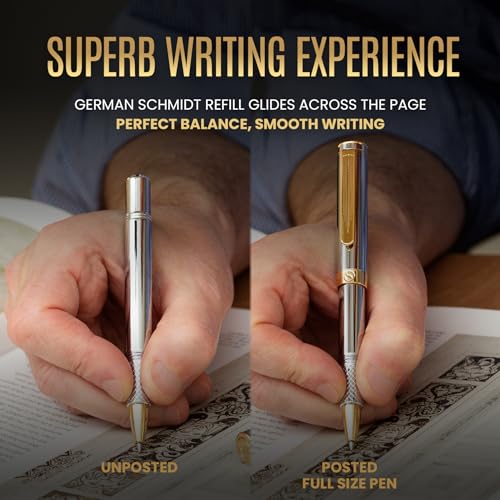 Scriveiner Personalized Silver Chrome Rollerball EDC Pen, Stunning Luxury Heavy Pocket Pen, Real Gold Plating, Best Engraved Roller Ball Gift Set for Men & Women, Custom Name Engraving
