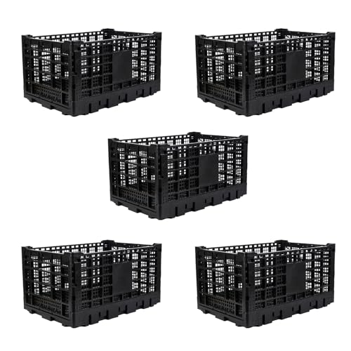 Takywep Collapsible Heavy Duty Milk Crate 52L – Stackable Plastic Storage Bin – Space-Saving Organizer for Office, School, Home, or Camping – Holds up to 130 lbs – Black – 5PCS