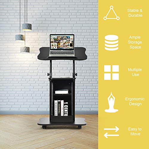 DORTALA Laptop Cart, Height Adjustable, Podium Desk Stand, w/Wheels, Sit-to-Stand Rolling Stand Laptop Desk Cart, w/Swivel Top and Storage, Ideal for Home Office, Black