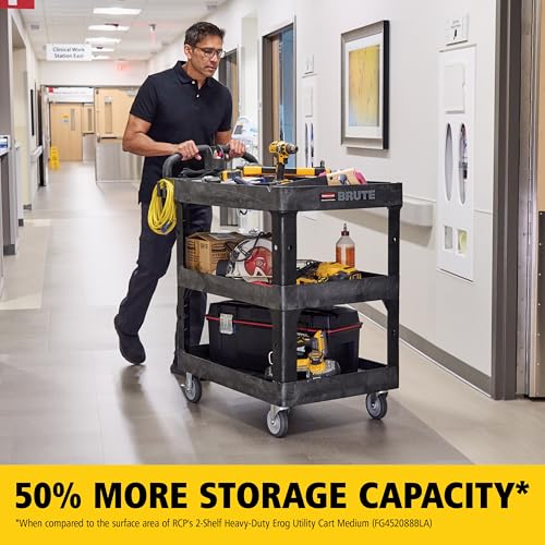 Rubbermaid Commercial Brute 3-Shelf Heavy-Duty Utility/Service Cart, Medium, High Storage, Lipped Shelves, Ergonomic Handle, 600 lb. Capacity, Ideal for Warehouse/Garage/Cleaning/Maintenance/Office