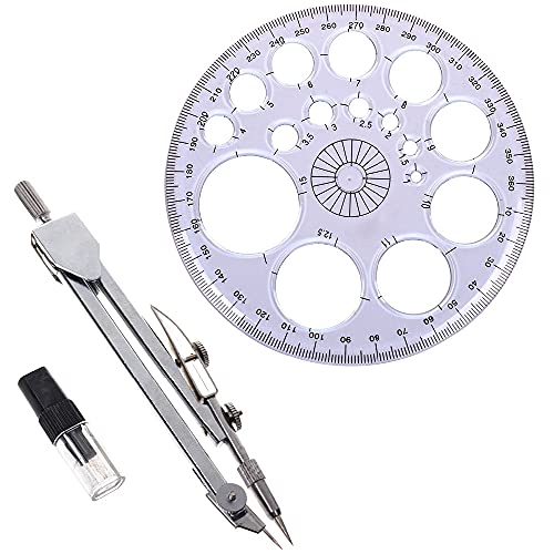 DUHTFCY Geometry Set 1pcs 360 Degree Protractor Circle Master Template +1pc Student Drafting Compass Geometry Drawing Tools with Pencil Lead Refills Compass Set