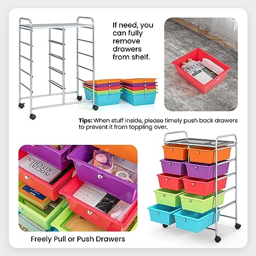 CLEEMAN 10-Drawer Rolling Cart with Drawers, Storage Cart with Universal Wheel & Metal Frame, Multipurpose Mobile Trolley Utility Cart for Makeup Kitchen Office Play Room (Multicolor)
