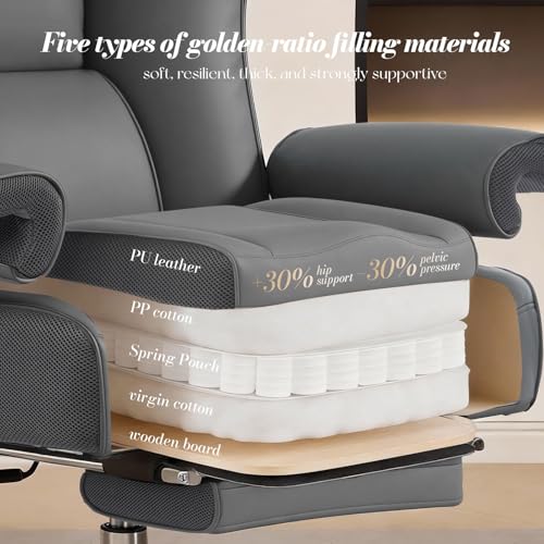 Efomao Big and Tall Executive Office Chair 400lbs, Heavy Duty Computer Chair with 24" Extra Wide 6.1" Spring Cushion, 3" Height Adjustable Armrests, Desk Chair with Footrest, Grey