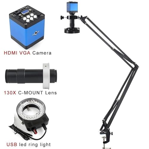 Microscope Accessories Kit 1080P HDMI VGA USB Digital Video Recorder Adjustable Cantilever Bracket C Mount Microscope Camera Set Microscope Slides(C Stand)