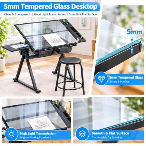 AnoYishev Adjustable Drafting Table with Stool, Tempered Glass Desktop