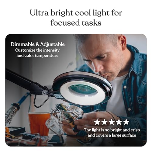 Brightech LightView Pro Magnifying Desk Lamp, 2.25x Light Magnifier with Clamp, Adjustable Magnifying Glass with Light for Crafts, Reading, Close Work - Black