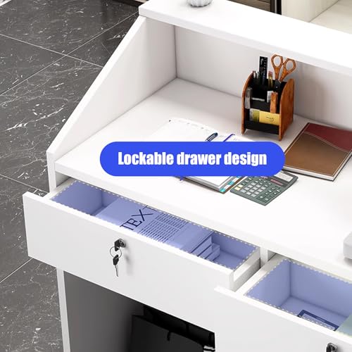Reception Desk with Counter, Modern Front Desk Reception Room Table with Cable Grommet & Lockable Drawer/Storage Shelf,Retail Counter for Checkout/Lobby/Beauty Salon