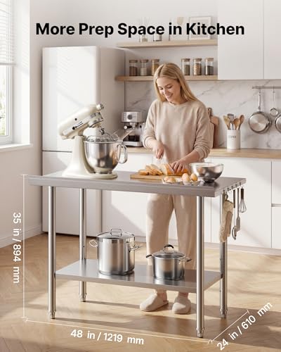 VEVOR Stainless Steel Work Table, 24x48 Inch Food Prep Table with Backsplash, Commercial Kitchen Workstation with Adjustable Undershelf, Metal Heavy Duty Utility Worktable, for Restaurant Home Outdoor