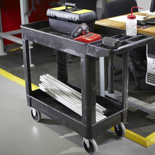 Rubbermaid Commercial Products 2-Shelf Utility/Service Cart, Small, Lipped Shelves, Storage Handle, 500 lbs. Capacity, for Warehouse/Garage/Cleaning/Manufacturing