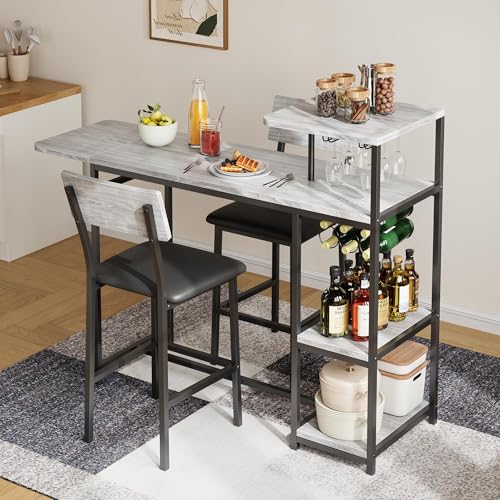 GarveeHome Bar Table and Chairs Set for 2, 3-Piece Bar Table Set with Storage Shelves, Cup Holder & Wine Rack, PU Leather Bar Stools, Small Dining Table for 2 for Kitchen, Breakfast Nook, Gray