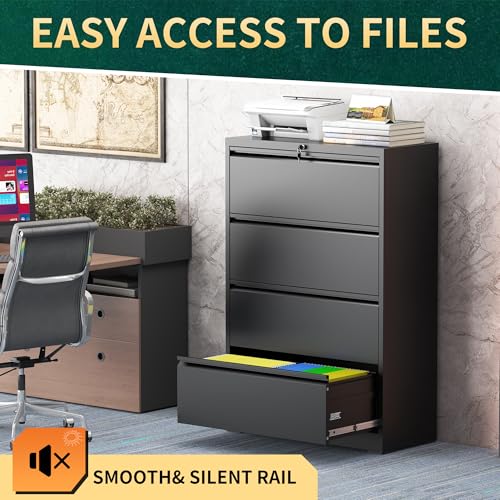 FOSTOKO 4 Drawer Lateral File Cabinet with Lock, Metal File Cabinets for Home Office, Steel Heavy-Duty Filing Storage Cabinet for Letters/Legal/A4 (Require Assembly, Black)