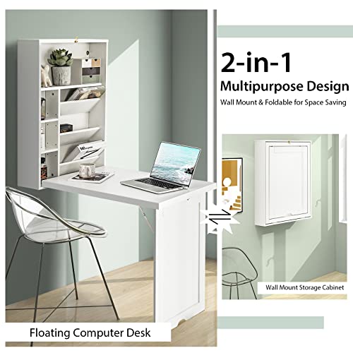 Byroce Wall Mounted Desk, Wood Collapsible Floating Desk, Convertible Computer Desk with Storage Area, Hanging Fold Out Table for Home Office, Small Spaces (White)