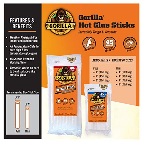 Gorilla Hot Glue Sticks, Clear Glue, Mini Size 4" Long x 0.27" Diameter, 75 Count (Pack of 6) - Safe for All Temperatures with Extended Working Time