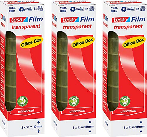 tesa Film Transparent, Office Box with 8 Rolls (10 m: 19 mm, 3 Boxes)