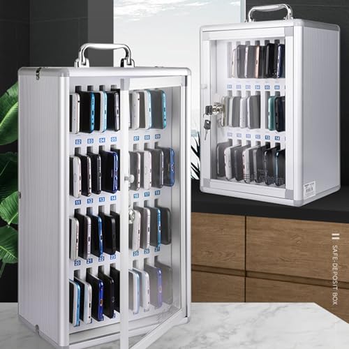 Classroom Office Cell Phone Locker Cabinet,12/24/36/48/60 Slot Aluminum Alloy Clear Pocket Chart Cell Phones Storage Cabinet,Wall-Mounted Mobile Phone Safe Deposit Box with Safety Lock & Handle