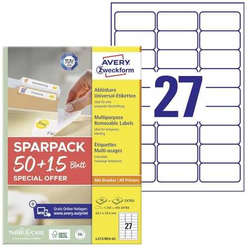 AVERY Zweckform L4737REV-65 Universal Labels (1,350 Plus 405 Extra Adhesive Labels, 63.5 x 29.6 mm on A4, Removable/Removable Without Residue, Printable, Self-Adhesive Stickers) 65 Sheets, White
