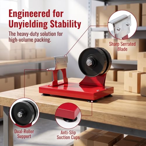 Heavy Duty Desktop Tape Dispenser, Dual‑Roller Tabletop Tape Cutter, Max 60mm Width, with Weighted Suction Base, for Warehouse Shipping Packaging Sealing