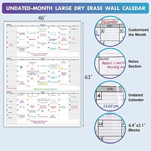 Large Calendar whiteboard for wall, Dry Erase 3 Month Calendar 46 x 63In