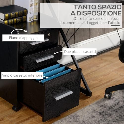 HOMCOM Office File Cabinet with 3 Drawers, 5 Wheels 39 x 40 x 65.5 cm Black