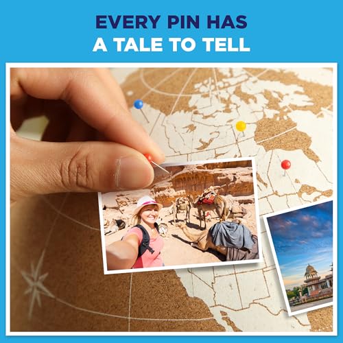 White Cork Globe with Push Pins - 12.8” Tall Globe with Map of the World and Rotating Stand for Adults, 275 Pins - 100 Colored, 50 Metallic, 100 Country, 25 Flag - For Home, Office, Travel