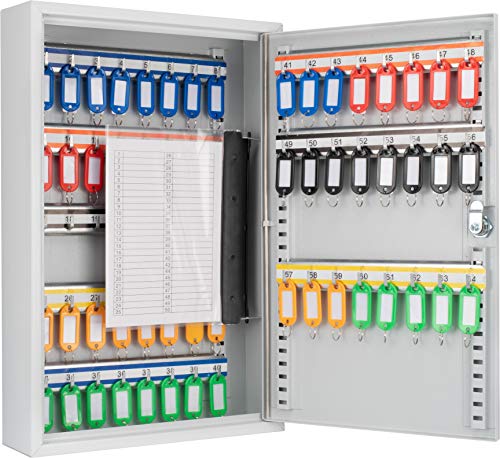 winbest 64 Position Key Lock Box – Wall Mount Steel Key Cabinet with Adjustable Numbered Hooks, Index Log, Colored Key Tags for Home or Office