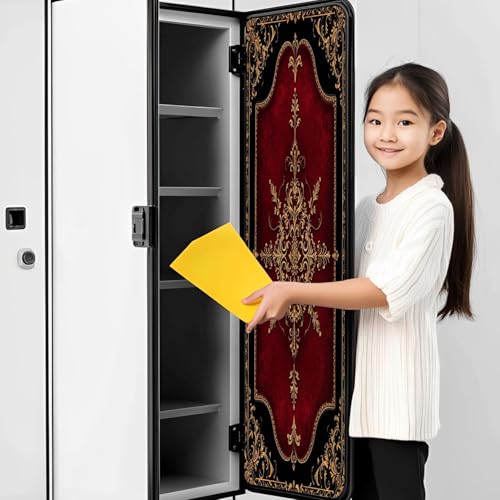 CEREJYPUZ 2 Pcs Locker Magnetic Wallpaper Ornate Baroque Style Golden Floral Deep Red 12" x 36" Wall Magnetic Sticker Removable Locker Accessories Decor Easy Install for Office School