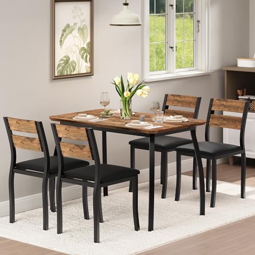 Dining Table Set for 4, Modern Kitchen Table and Chairs Set with Chamfered Edges, Cushioned Seats, Space-Saving Metal Frame, Compact Breakfast Nook Set for Dining Room, Apartment, Small Spaces, Retro