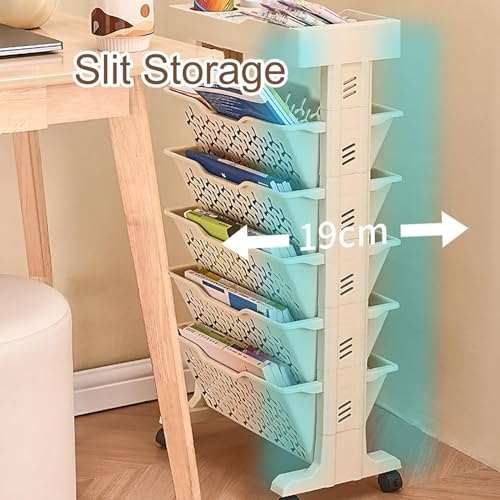 AVSMGP Mobile Bookshelf on Wheels 3/4/5 Tier Plastic Multilayer Desk Organizer Table Rolling Utility cart Wagon for Office, Dorm, Classroom,Library, Living Room,5 Tier