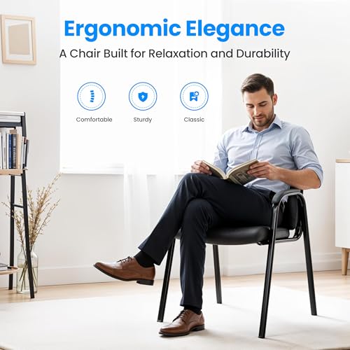 Simple Deluxe Office Guest Chair with Padded Armrests (No Wheels), Stationary Leather Reception Chair for Waiting Room, Conference Room, Lobby, Home, Desk Side & Dining, Black