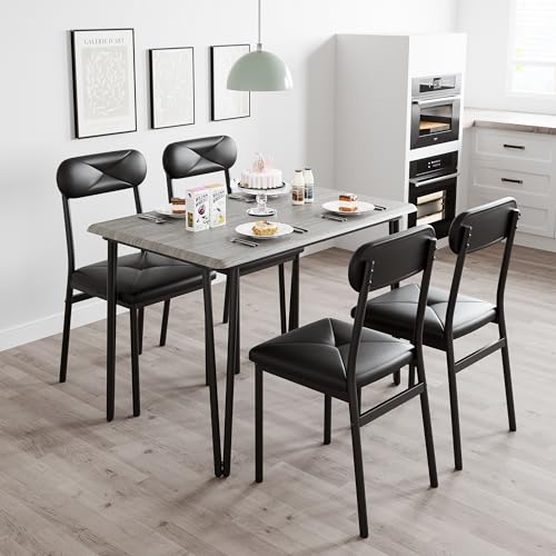 TrailBlaze Space-Saving 4-Piece Office Desk and Chair Set – Industrial Style, Sturdy Metal Frame, Wooden Tabletop, PU Leather Seats – Ideal for Small Workspaces, Dining Rooms, Apartments – Brown/Grey