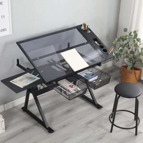 Zentrava Black Drafting Table Desk w/Stool, Multifunctional Diamond Painting Art Craft Desk Crafting Tables with Tilting Tempered Glass Top & 2 Large Metal Storage Drawers, Adjustable Angles (Black)