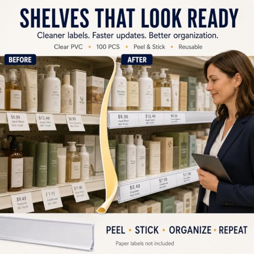 100 Pcs Shelf Label Strips, 48" x 1.25" Self Adhesive Label Holder