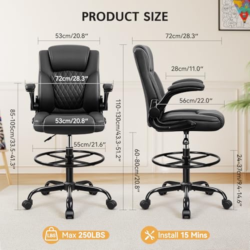Drafting Chair, Tall Office Chair for Standing Desk, High Executive Leather Ergonomic Computer Chair with Adjustable Height and Flip-Up Armrest for Counter Height Desk, Black, Pack of 1