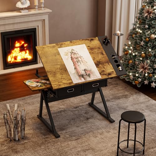 Japovker Artist Drawing Desk, Tilting Drafting Table with Adjustable Height 0-75° – 2 Drawers & Side Storage with Stool for Home Studio, Art Class, Designers (Brown+Black)