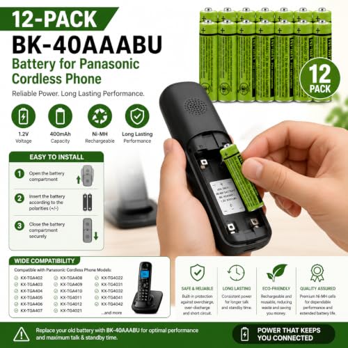 Cerepros 12-Pack BK-40AAABU Battery for Panasonic Cordless Phone