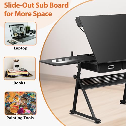 Nouva Adjustable Drafting Table Drawing Table w/Power Outlets (2AC, USB, Type-C), Multifunctional Tilting Art Craft Artists Desk w/Stool, 2 Drawer for Home Office,Black