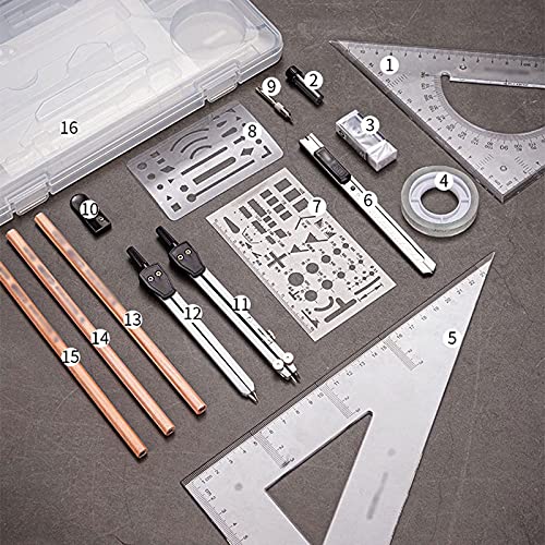 DUHTFCY 16 Piece Compass Set Math Geometry Tool Set with Lead Refills Protractor Set Great for School Home and Office Geometry kit