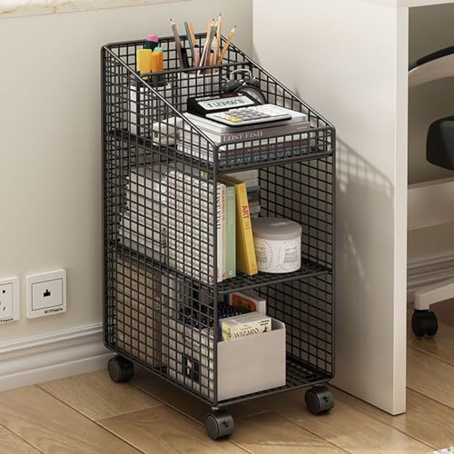 Preferspace Book cartRolling File Cart with Wheels 3 Tier Mobile Bookshelf Metal Movable Bookshelf Cart Thin with Top Divider Design for Office, Classroom,Library, Living Room,Black