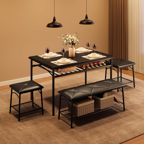 Garvee Industrial Dining Table Set for 4, Kitchen Table Set with 2 Upholstered Stools and 1 Bench, Space Saving Kitchen Table and Chairs Set for Apartment, Rustic Brown, Small Space