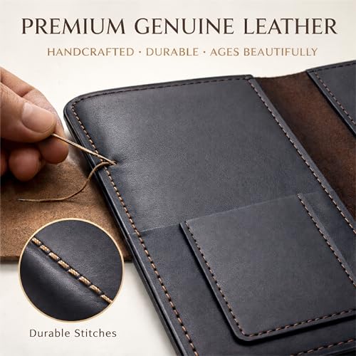 TheAntiq Genuine Leather A5 Journal Cover with Snap Closure – Handmade Refillable Notebook with Card Slots, Pen Holder, Travel Writing Diary for Office & Gift Use 5.75 x 8.25 (Black)