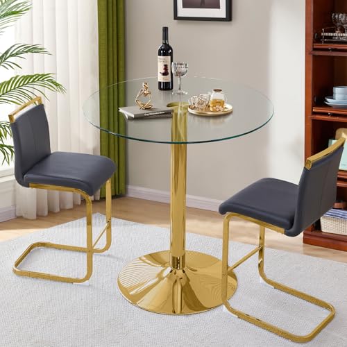 Sweiko 3-Piece Dining Table Set,Kitchen Glass Round Small Table with Modern PU Leather Chairs for Small Spaces（Golden Table + Black Chairs）