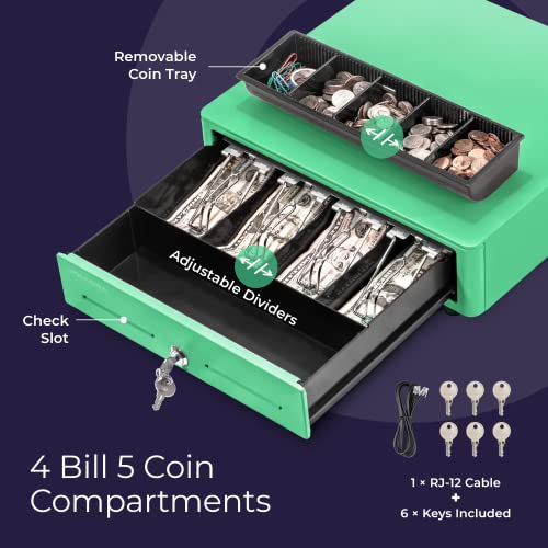 Volcora Cash Register Drawer for (POS) Point of Sale System with Round Corner 13", Removable Coin Tray, 4 Bill/5 Coin, 12-24V, RJ11/RJ12 Key-Lock, Media Slot,Cash Till, for Business, Green