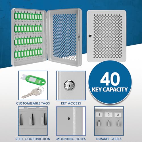 Barska 40-Position Key Cabinet Lock Box with Key Lock – See-Through Door, Numbered Hooks, Green Tags, Wall Mount Steel Organizer for Home, Office, or Property Management