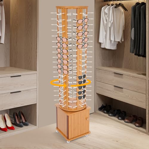 Sunglasses Retail Display Floor-standing Eyeglass Holder, 6-Sided Wood Sunglass Display Rack, 108-Pair Eyewear Holder, 360°Rotating, with Storage Cabinet & 4 Swivel Wheels for Retail Exhibition (Brown)