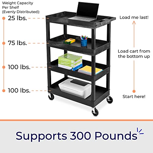 Stand Steady Tubstr 4 Shelf Utility Cart Supports Up to 300 lbs - Heavy-Duty Plastic Service Push Cart with Deep Shelves and 4" Casters, for Offices, Warehouse Storage, Garage (Black, 35 x 18 x 50)