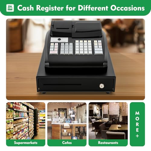 Ageanbri Cash Management System Electronic POS System Commercial Cash Register with Flat Keyboard&Thermal Printer,Multifunctional Cash Register 47 Keys LED for Retail/Restaurant (Black)